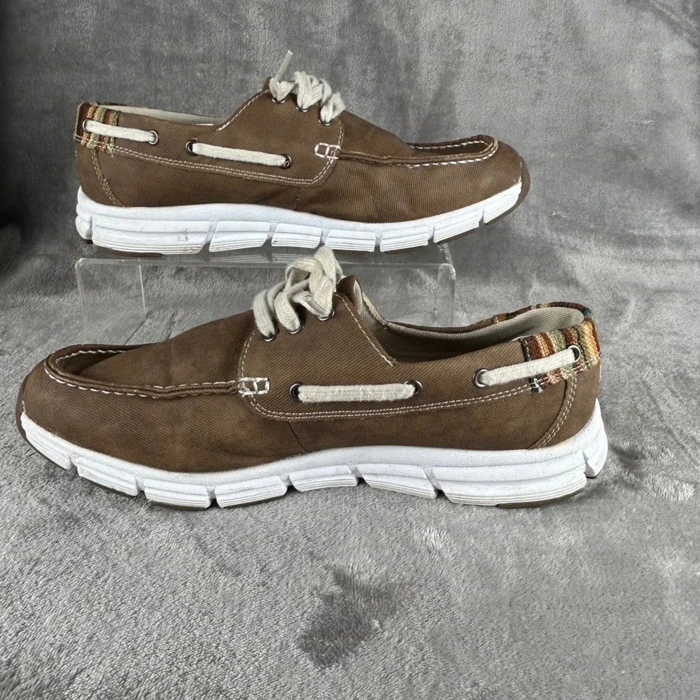 Margaritaville Cabo Brown Canvas Boat Shoes Mens 10M Striped Heel Loafers 315150